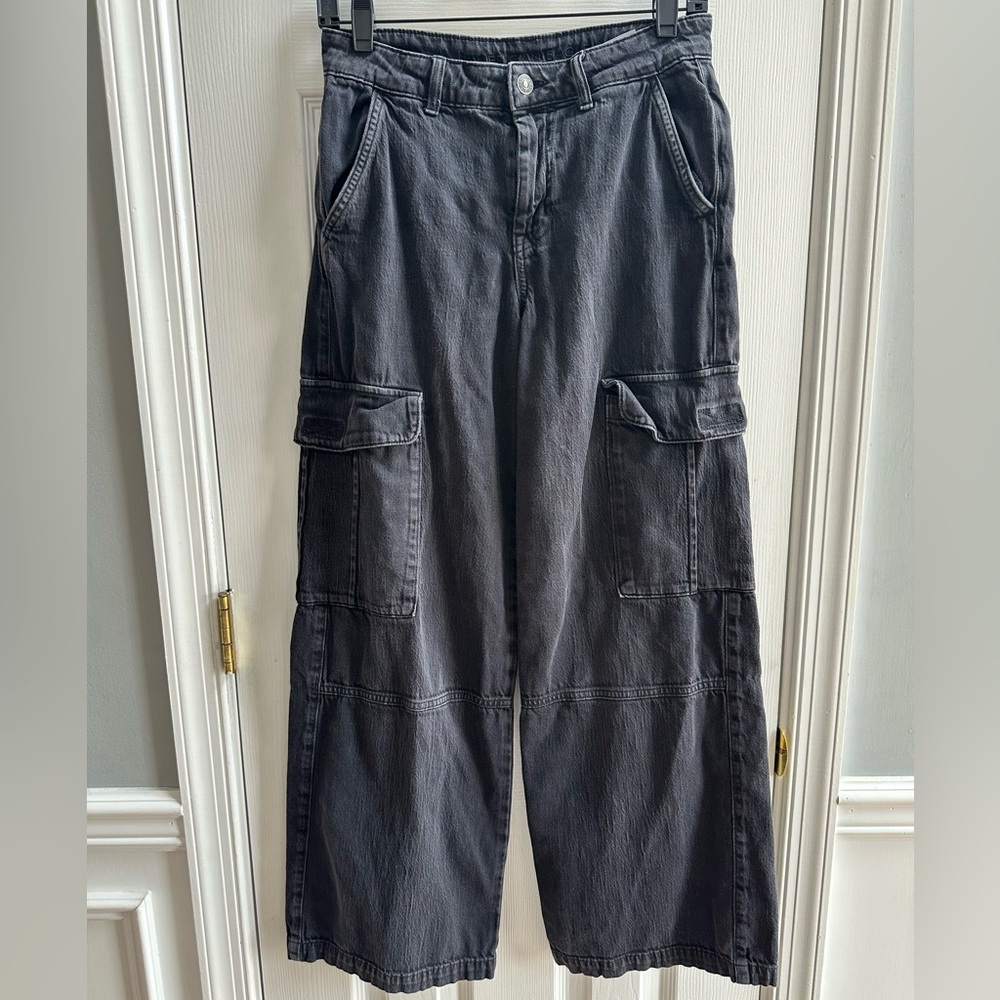 American Eagle High Rise Baggy Wide Leg Cargo Jeans Womens Size 2 Charcoal